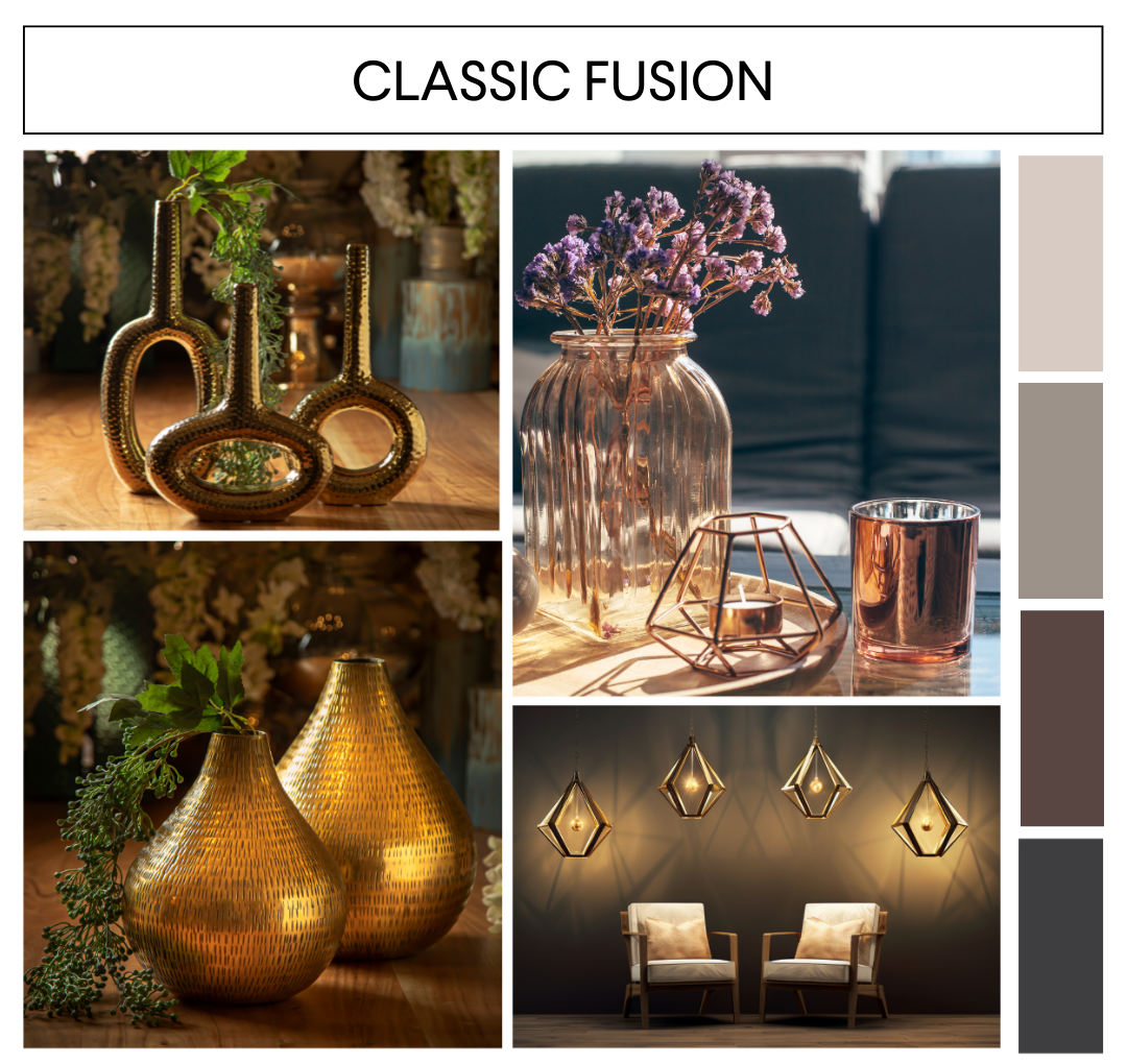 Image of elegant metallic decor and lighting that links to a Classic Fusion design style page