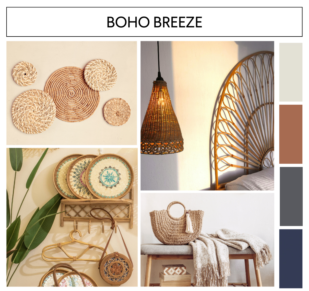 Image of natural woven decor and rattan furniture that links to a Boho Breeze interior style page