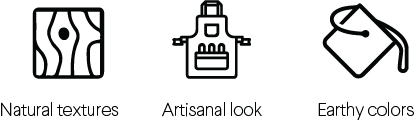icons indicating natural textures, artisanal look, and earthy colours